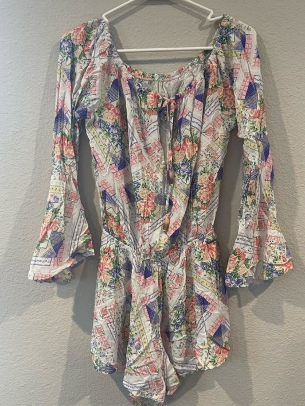 Maaji Womens Off The Shoulder Granny Floral Faux Patchwork Quilt Shorts Romper L